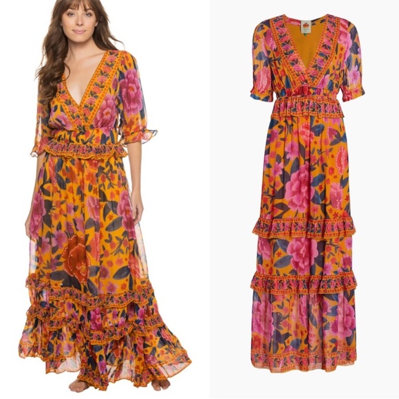 FARM RIO Yellow Pink & Blue Tropical Floral Dream V
Neck Tiered Frill Maxi Dress - Picture 8 of 15